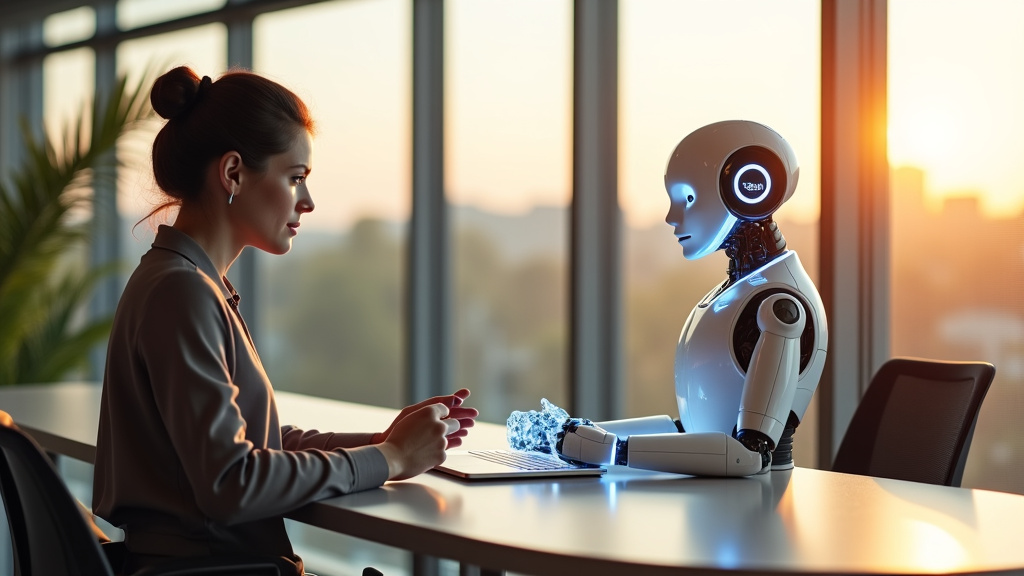 Modern Minimalist Office with Human and Robot A modern, minimalist office with a human customer service agent and a robotic assistant working together.